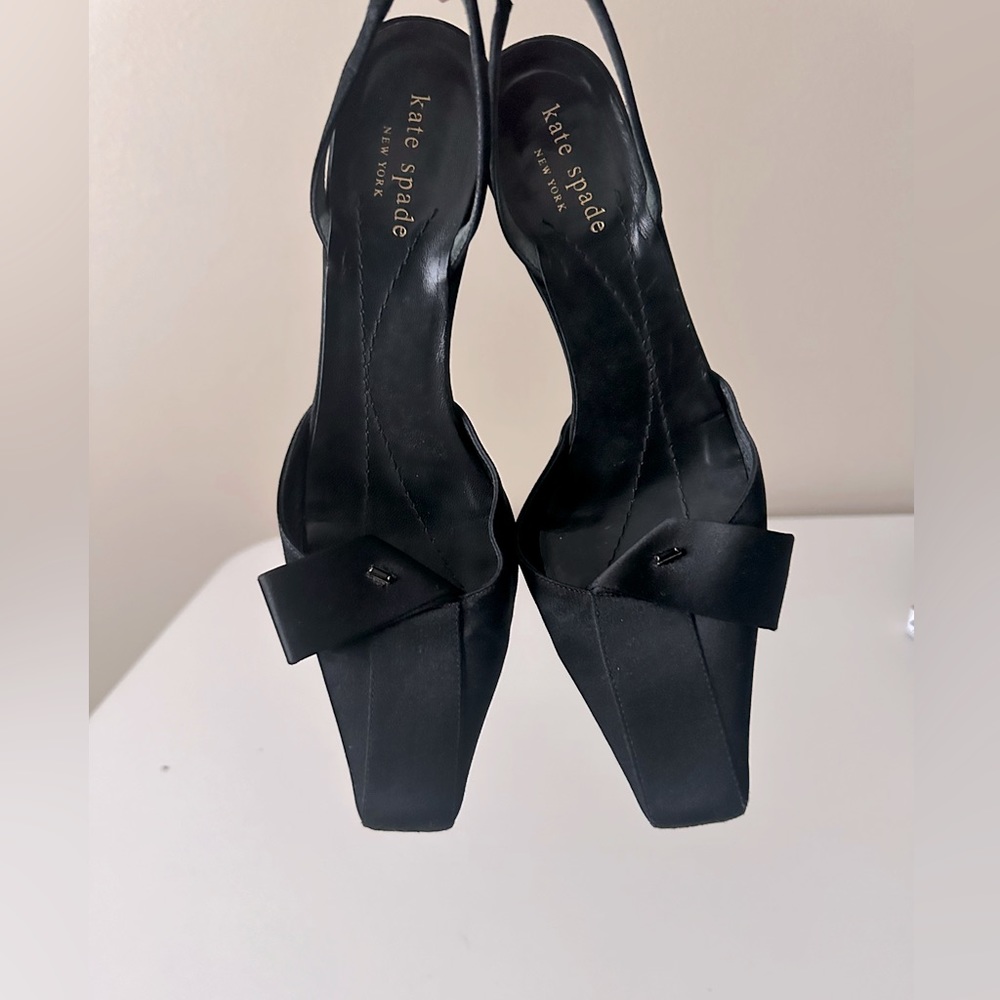 Kate Spade Satin Semi Bow Square Pointed Toe Crystal Sling Back Kitten Heels 6